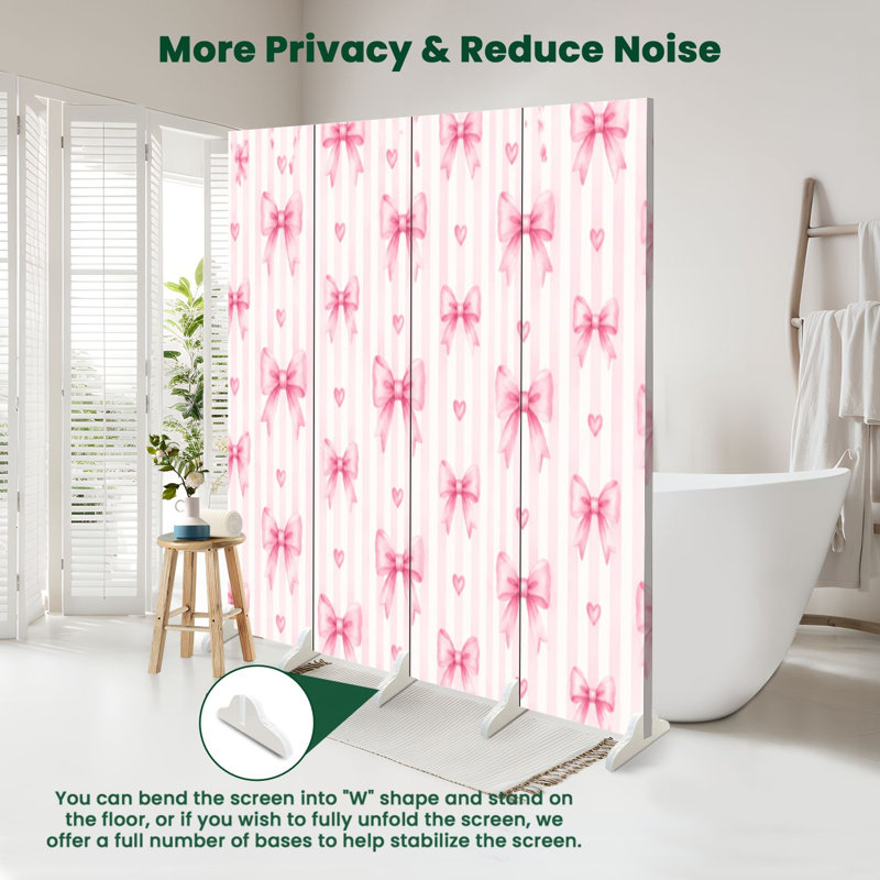 Cloison pliante 4 panneaux à paravent à l'aquarelle rose royal avec nœuds cœurs doux, 4, 71" H x 64" W x 1" D