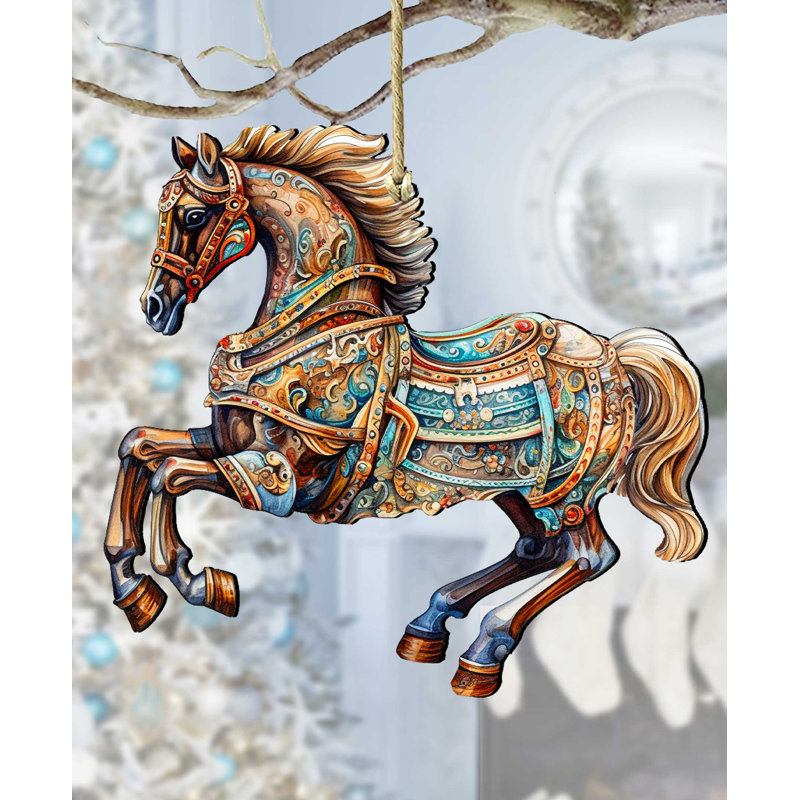 Ornement en forme de cheval de carrousel en bois par G. Debrekht