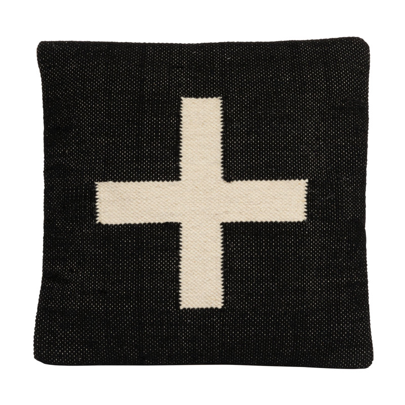 Wool Blend Pillow with Swiss Cross, Black/Cream