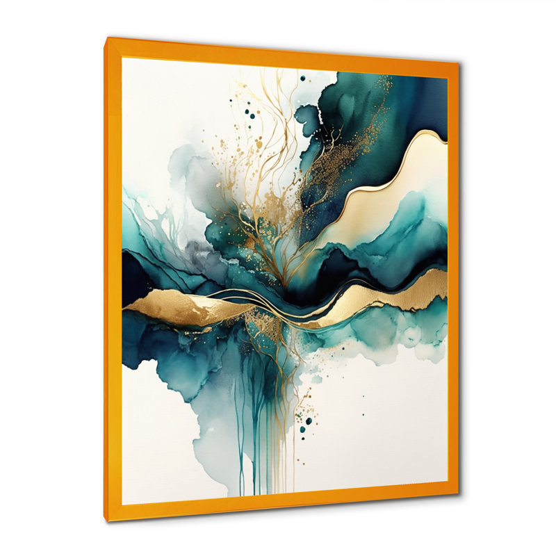 Teal And Gold Abstract Expression III - Modern Canvas Wall Art, Framed Print, 32" H x 24" W, Gold