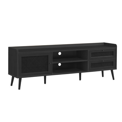 Meuble télé, console de 72 po, meuble multimédia, meuble de rangement, salon, chambre à coucher, stratifié noir, pieds en bois, transitionnel