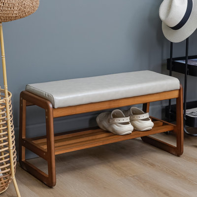 Faux Leather Upholstered Solid Wood Entryway Storage Bench