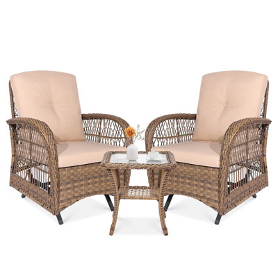 Ebern Designs 3-piece Outdoor Conversation Bistro Set, Patio Glider Rocking Chairs Rattan Furniture Sets W/ 2 Rattan Cushioned Chairs And Glass Top Si