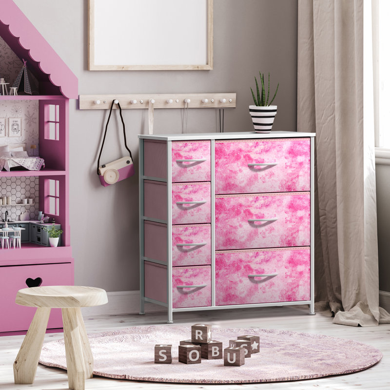 Sorbus Dresser with 7 Drawers - Storage Chest Organizer with Steel Frame, Wood Top, Handles, Fabric Bins, Tie-Dye Pink