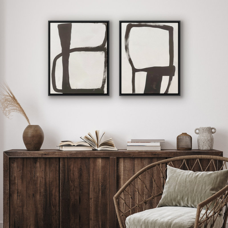 Art mural en toile 16 x 20 avec coups de pinceau géométriques noirs - fond blanc - ensemble de 2 - art mural abstrait