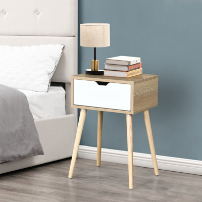 Table d'appoint de style Mid-Century moderne avec tiroir de rangement et pieds en bois d'hévéa, armoire en bois massif pour la chambre à coucher et le salon, installation simple, mobilier 1 pièce, couleur, instructions d'assemblage