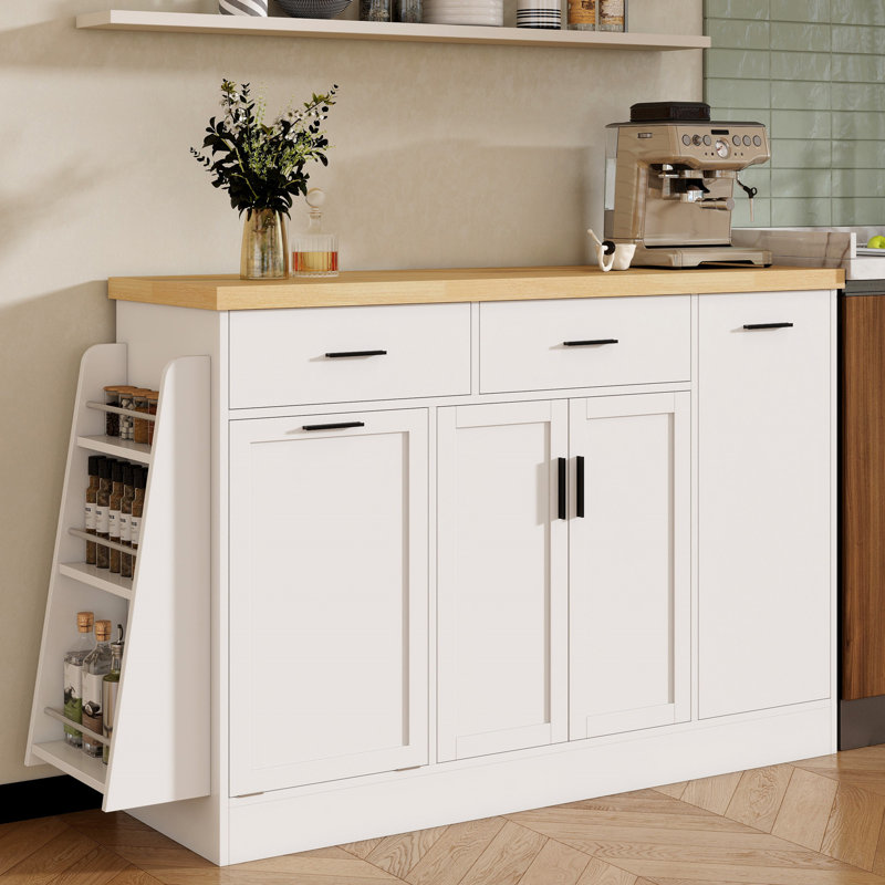 Îlot de cuisine avec plateau de rangement en bois et poubelle, Blanc