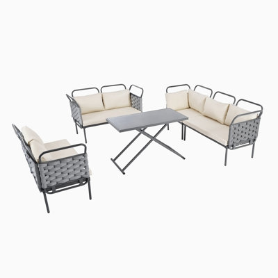 5-Piece Patio Sectional Sofa Set Outdoor Woven Rope Furniture Set with Glass Table and Cushions -  Latitude RunÂ®, B92D06DE55544898BC8637E08D894A94