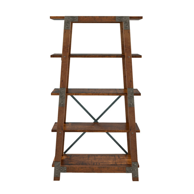 Rockwell 72" Etagere Bookcase, 7 Tiers, Faux Rivet Details, Brown Wood Frame