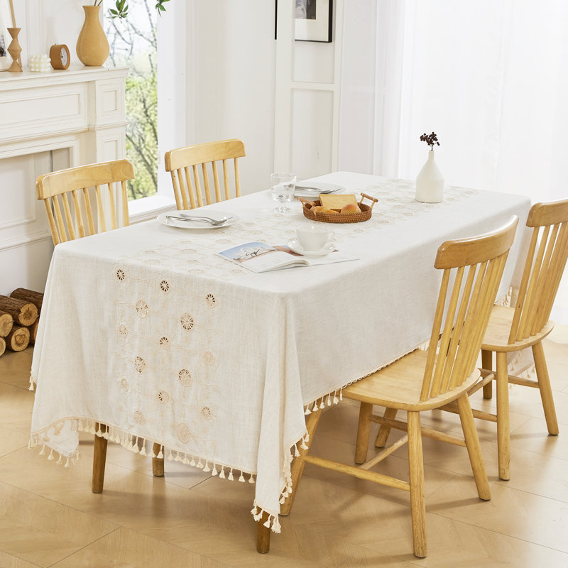 Linen-Like Tablecloth with Sunflower Embroidery & Cutout Design, 71" Rectangle