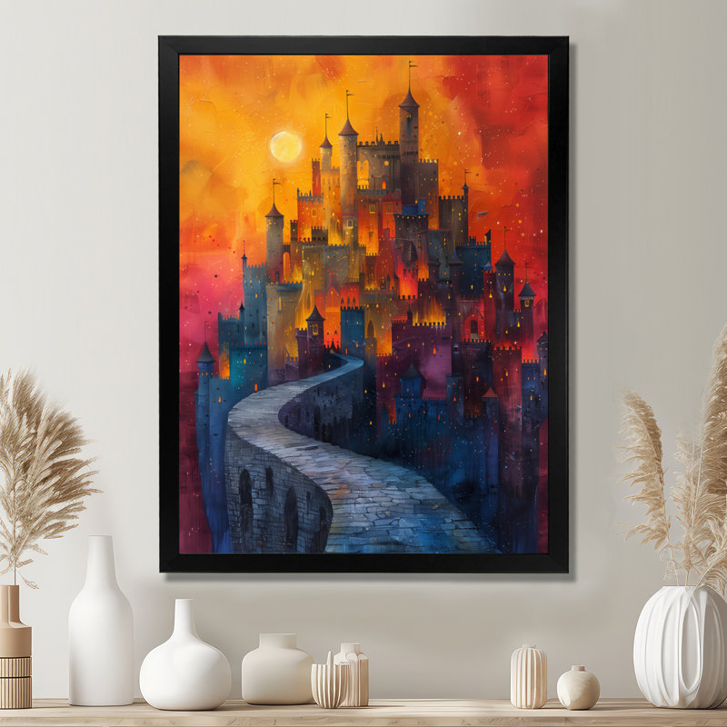 Décoration murale rouge château enchanté au coucher du soleil - châteaux, Toile encadrée noire simple
