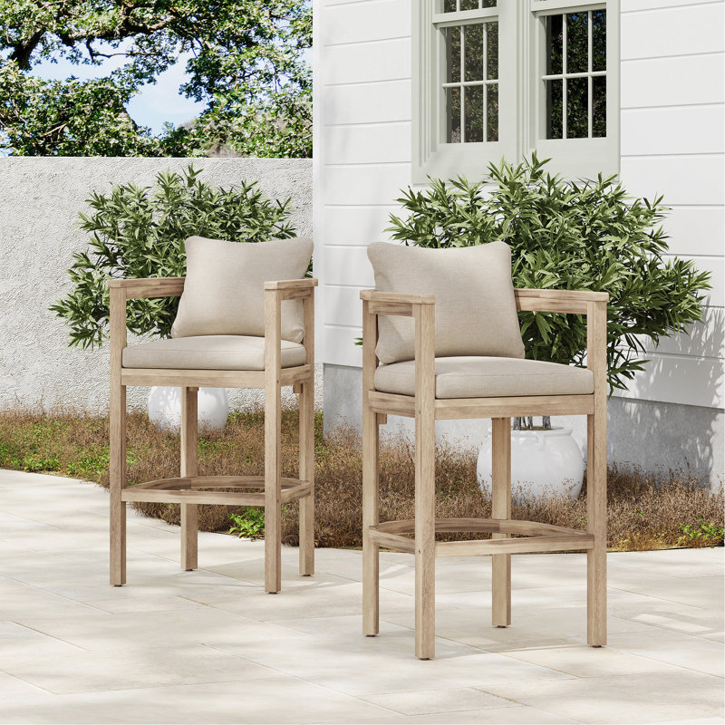 Tabouret de bar d'extérieur Abaco, bois clair avec coussin beige, ensemble de 2, Teck clair