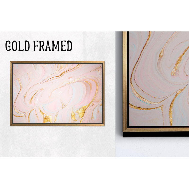 Élégante impression sur marbre rose sur toile: Œuvre scintillante dorée, 1P encadrée d'or, 59,1 po H x 102,4 po l