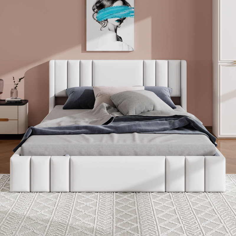 Lit plateforme à oreilles, cadre de lit tapissier pour chambre à coucher, chambre d'amis, appartement, Grand lit, Beige