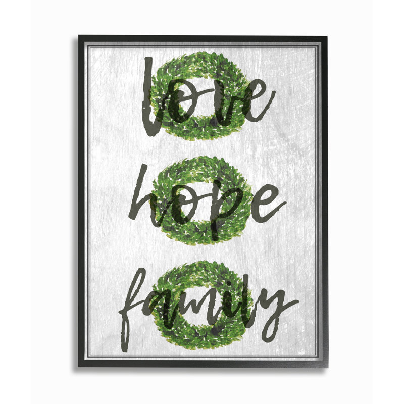 «Love Hope Family Boxwood Wreath», art textuel, H 20 po x l 16 po, Giclée encadrée noir minuit