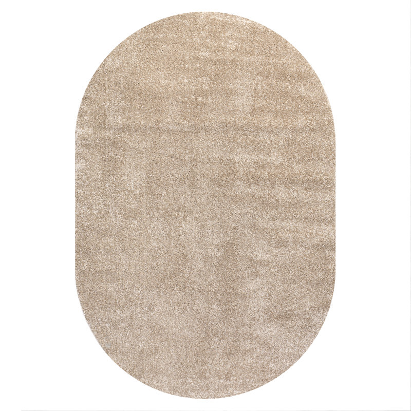 Asami Solid Low-Pile Beige Rug, Oval 5' x 8'
