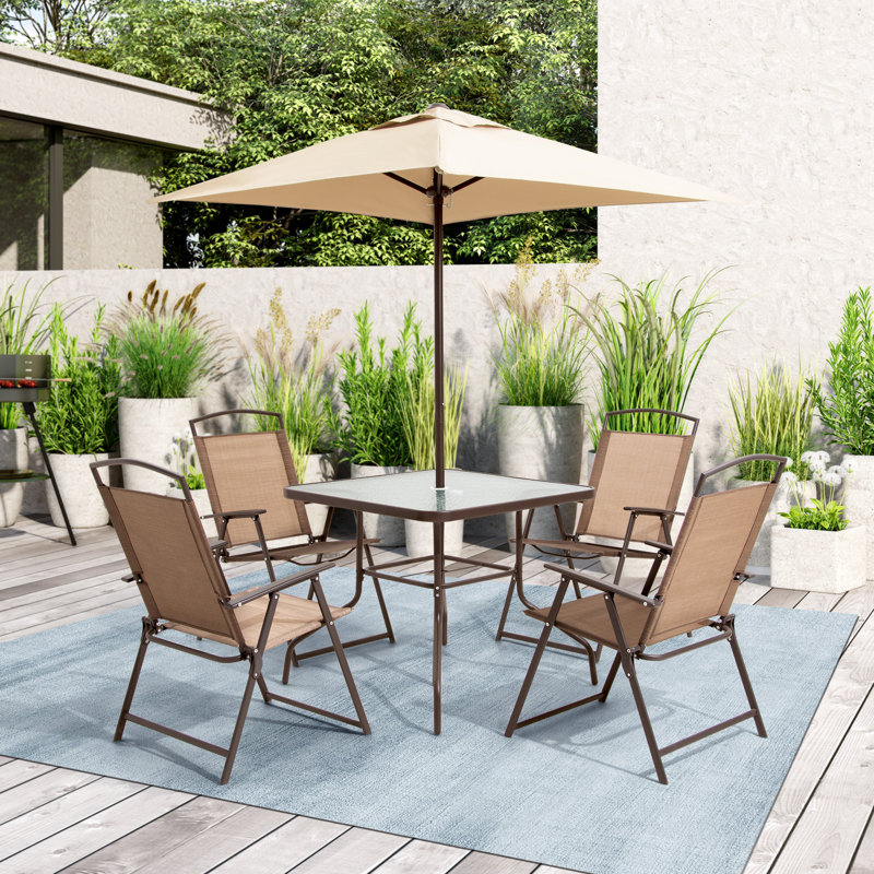 Ensemble de salle à manger en métal pour 4 personnes avec table carrée, chaises pliées et parasol Bendeguz, Marron