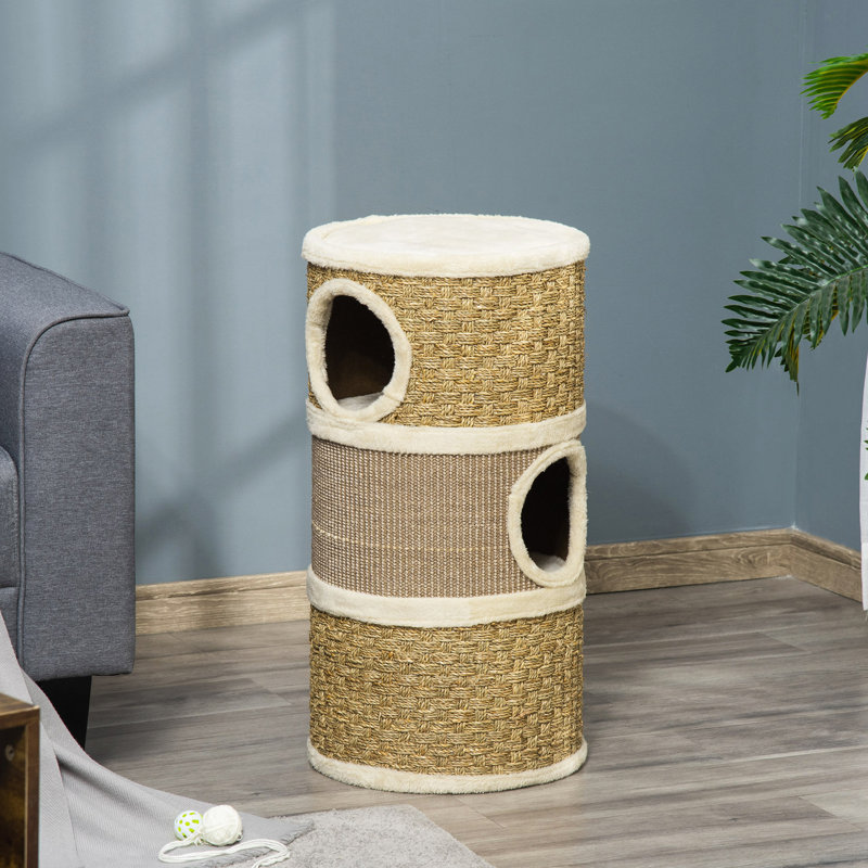 Habitation pour chat 28 pouces, cachette pour chat 3 étages avec patin à griffes en sisal, petit arbre à chat en forme de tonneau pour chats d'intérieur, kaki
