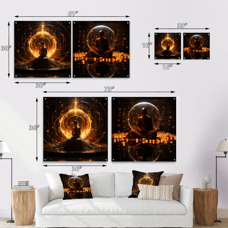 «Enlightenment Glow - Bouddhisme», ensemble de 2 peintures murales en acrylique, H 36 po x l 73 po