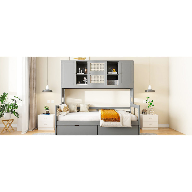 Lit de jour simple en bois avec 2 tiroirs, armoire compacte et tablette, option de tablettes grises pratiques