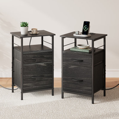 Travison 2-Drawer Nightstands With Charging Station (Set of 2), USB Ports and AC Outlets, Modern Bedside Tables With Open Shelf and Storage for Bedroom and Living Room 