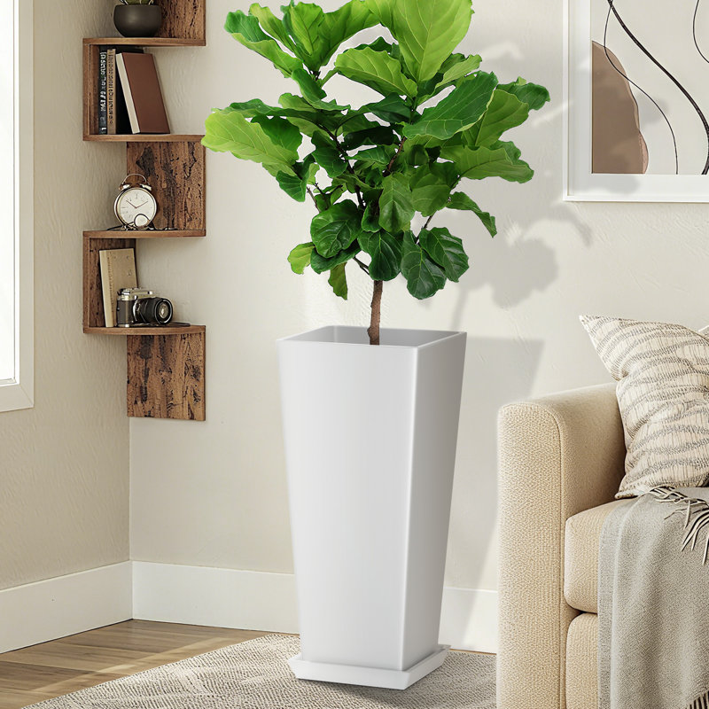 2 Set Tall Planters for Outdoor Plants, 24" Large Planters with Drainage Hole & Saucer, White