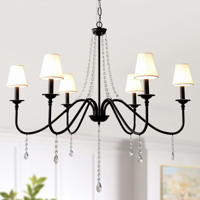 Modern Black 6-Light Chandelier, Farmhouse White Fabric Shade Pendant Light, Crystal Light Fixture For Kitchen Island