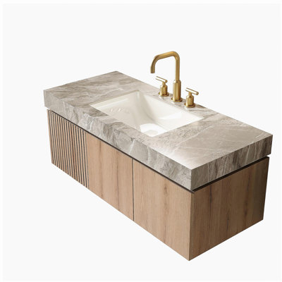 MURI 48" Bathroom Vanity&Sink, Floating Plywood Storage Cabinet with Drawer&Doors, Light Gray Sintered Stone Top&Ceramic Basin with 3 Pre-drilled Faucet Holes, Pre-assembled, White Oak Woodgrain Color