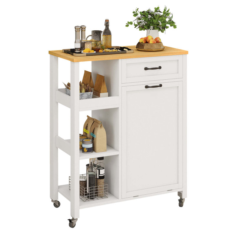 Small Rolling Portable Dining Serving Utility Kitchen Island Cart On Wheels With Trash Can Storage Cabinet For 10 Gallon Garbage Bin