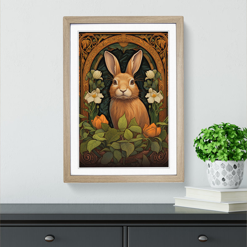XYZ-FRM-V1223-5328 Rabbit Nouveau No.2 - Single Picture Frame Print on Wood, Oak, 64cm H x 46cm W x 2cm D