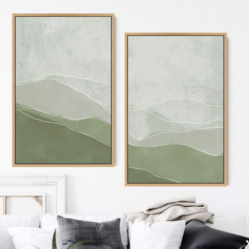 «Faded Green & Gray Wave Landscape Abstract Shapes Abstract Wall Art Modern Boho Multicolor Bedroom» 2 - pièces sur, Naturel