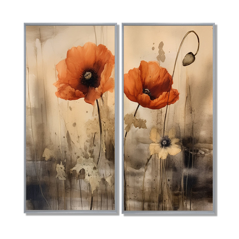 Brilliant Poppies I - Art floral floral mural 2 panneaux, H 40 po x l 40 po, Reproduction encadrée sans passe-partout