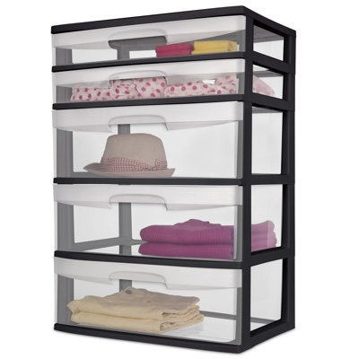 Plastic 5 Drawer Wide Tower Black