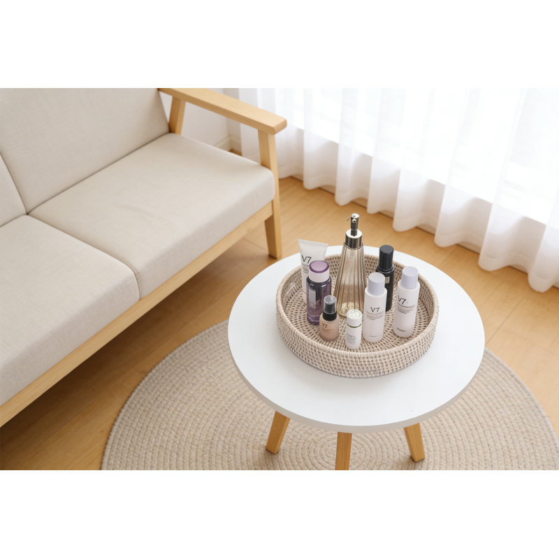 Round Rattan Serving Tray With Handles - 13.8 Inch Woven Wicker Decorative Tray For Coffee Table, Ottoman, And Countertop Organization
