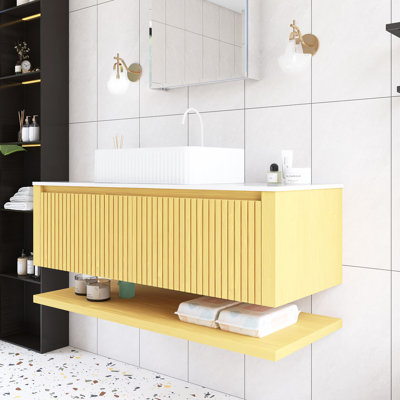 48'' Wall-Mounted Single Bathroom Vanity In Oak With Sintered Stone Top