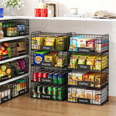 4-pack stackable wire baskets with handles & labels—heavy-duty carbon steel storage for kitchen, pantry, toys & more.