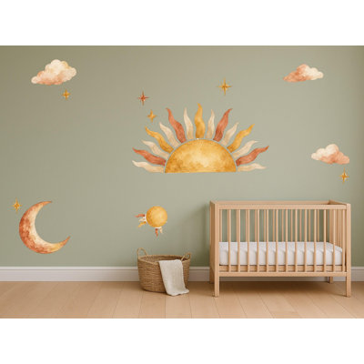 Boho Sun And Moon Wall Decals, Set of 25 Peel and Stick Nursery Wall Stickers, Satin Finish Removable Kids Room Wall Art, 20"W x 20"H (50 x 50 cm)