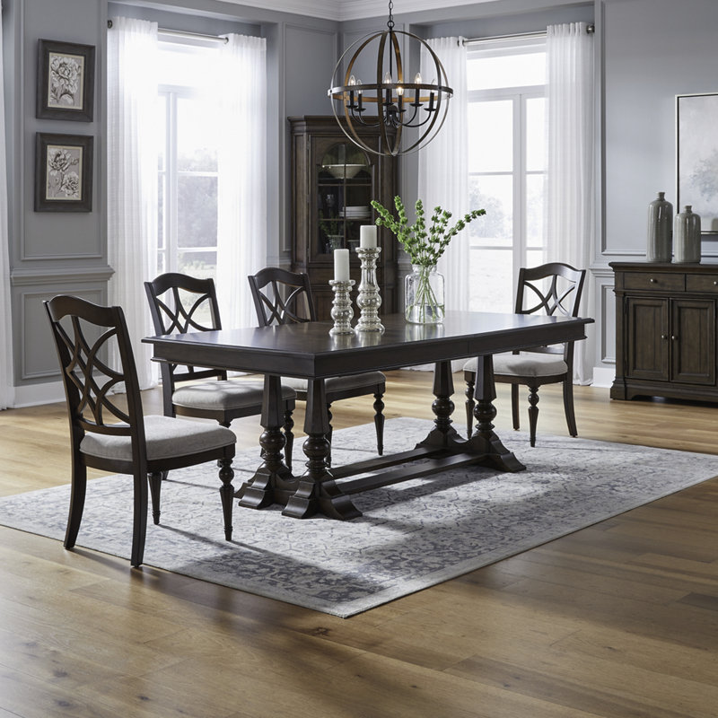 Ensemble de table de salle à manger à tréteaux Tawona avec 4 chaises rembourrées, 5 pièces: table, 4 chaises