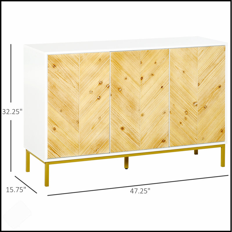3 Door Sideboard Buffet Cabinet With Chevron Pattern, Adjustable Shelf, And Metal Legs For Modern Storage