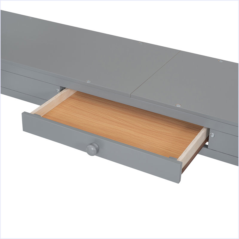 Lit mezzanine double en bois avec bureau en U, compartiments de rangement et miroir à trois volets, Gris