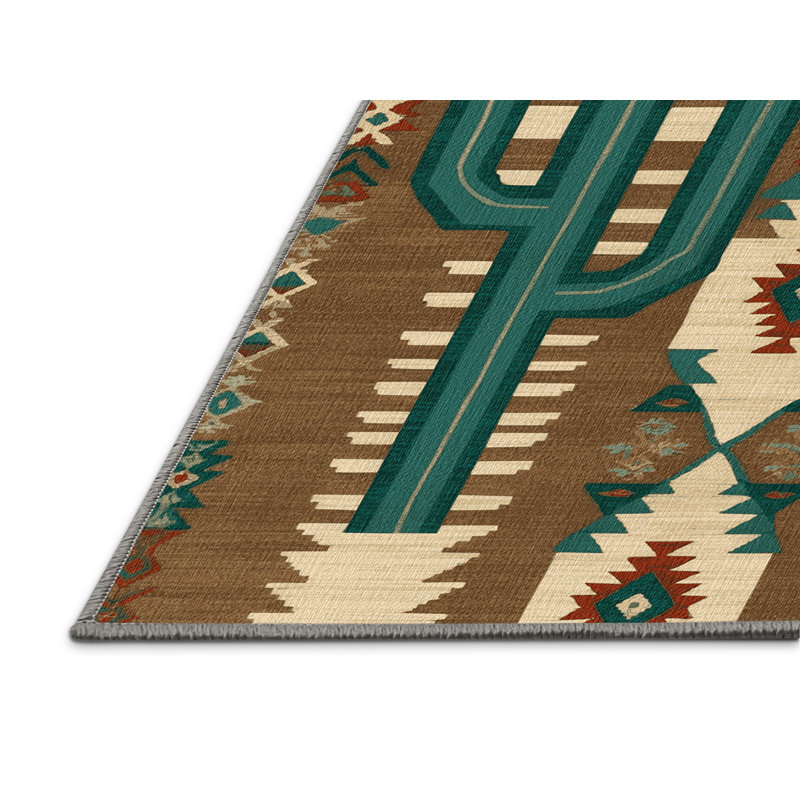 Washable Cactus Pattern Southwestern Area Rug, Square 7' x 7'