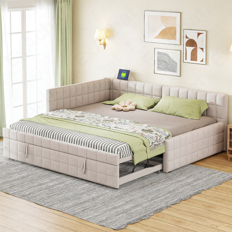 Full Size Upholstered L-Shaped Upholstered Daybed With Twinsize Pop Up Trundle And USB Ports, Beige, Beige