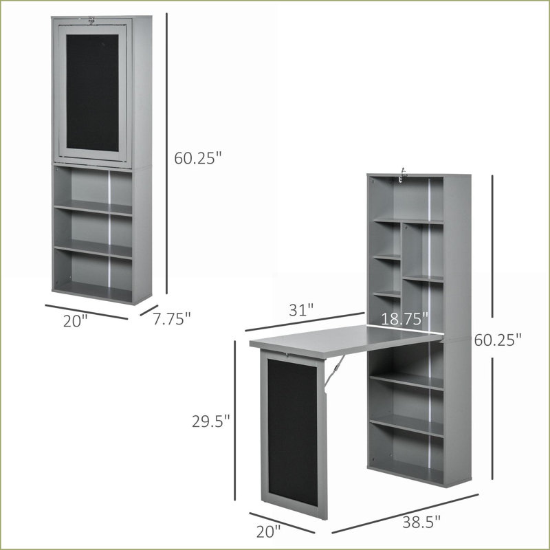 Bureau convertible à fixation murale avec tableau noir Tablette latérale, poste de travail multifonctionnel | Gris | Panneau de particules