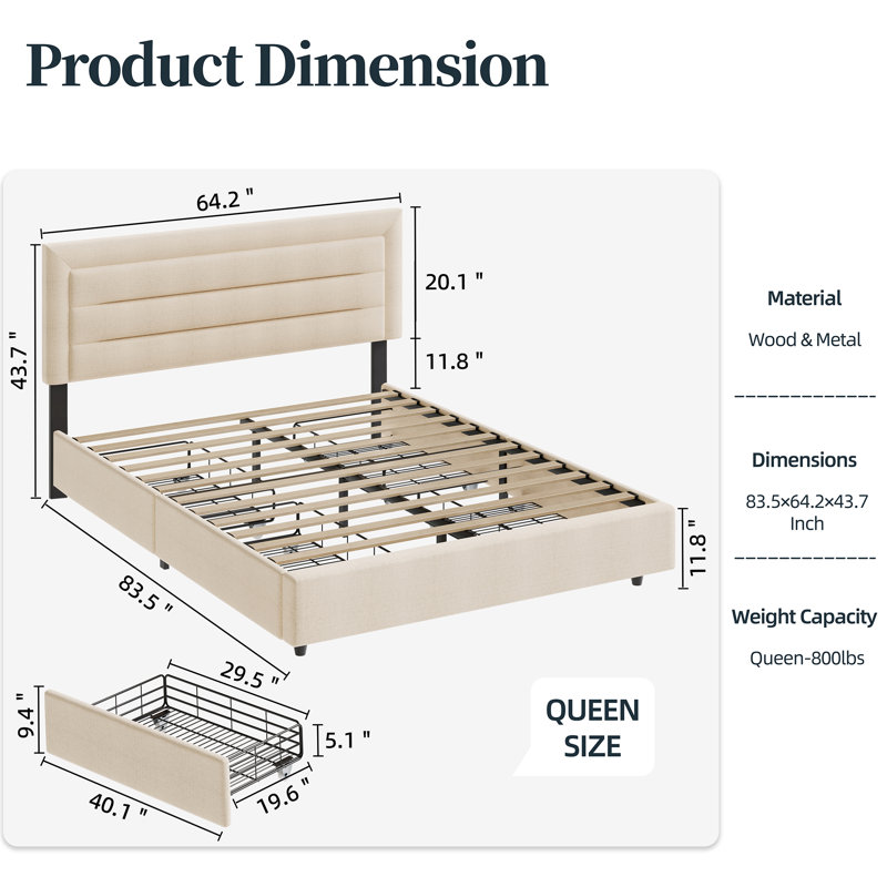Moshier Upholstered Storage Bed with Drawers, Queen