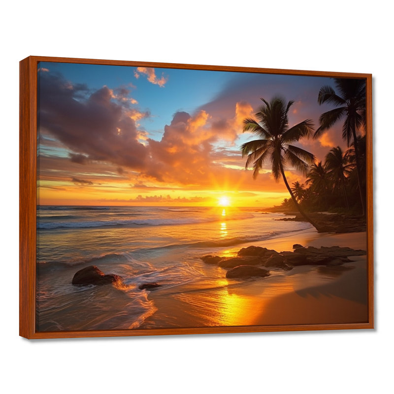 Plage, coucher de soleil, sérénade, art de la plage côtière, H 24 po x l 32 po, Cadre flottant brun