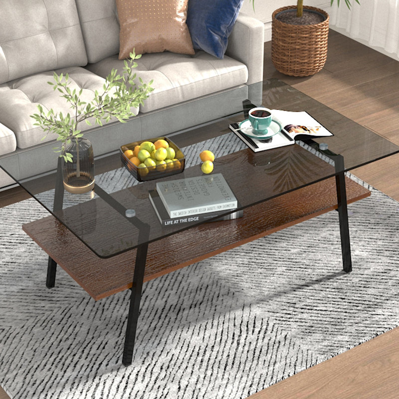 Table basse rectangulaire, plateau de table en verre trempé avec pieds en métal noir, table de salon moderne, verre gris (Old Sku: W241126034)