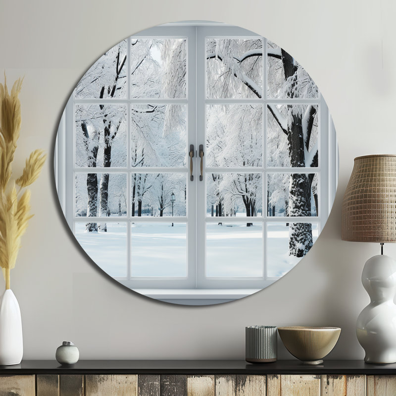 Winter Forest Window Views I - Paysages, art rond en métal, H 23 po x l 23 po