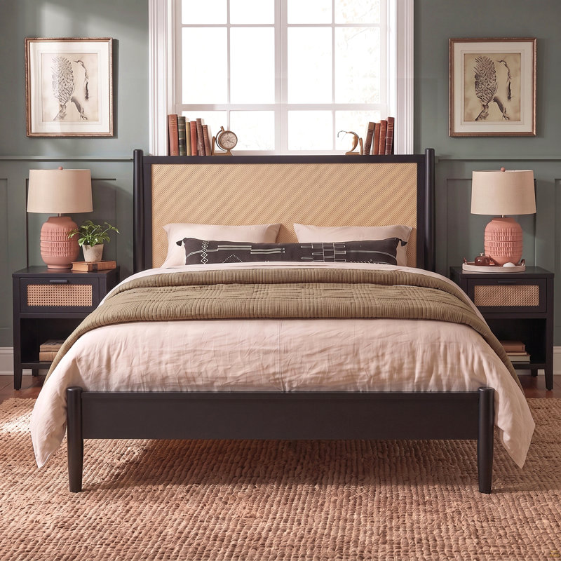 Queen Size Platform Bed Frame with Rattan Headboard, Wicker Bed with Wooden Slats Support,Boho Coastal Style, No Box Spring Needed, Black