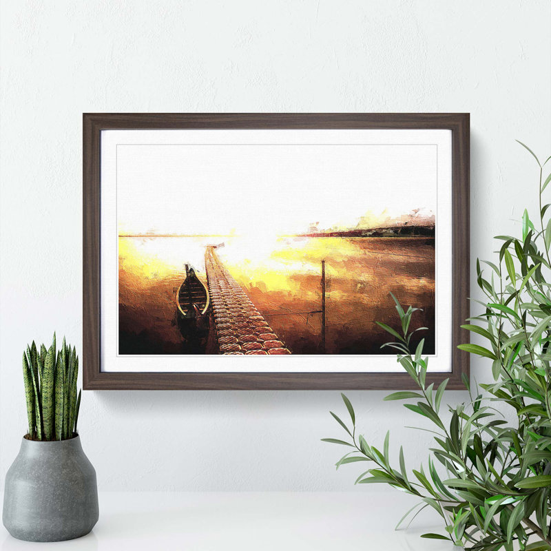 Docked Boat During an Orange Sunset - Picture Frame Painting Print, Walnut Framed, 27cm H x 36cm W x 2cm D