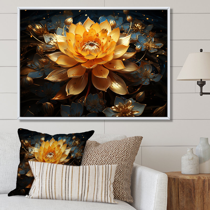 Golden Lotus Tranquility II sur impression sur toile, Black Picture Framed, 12" H x 20" W